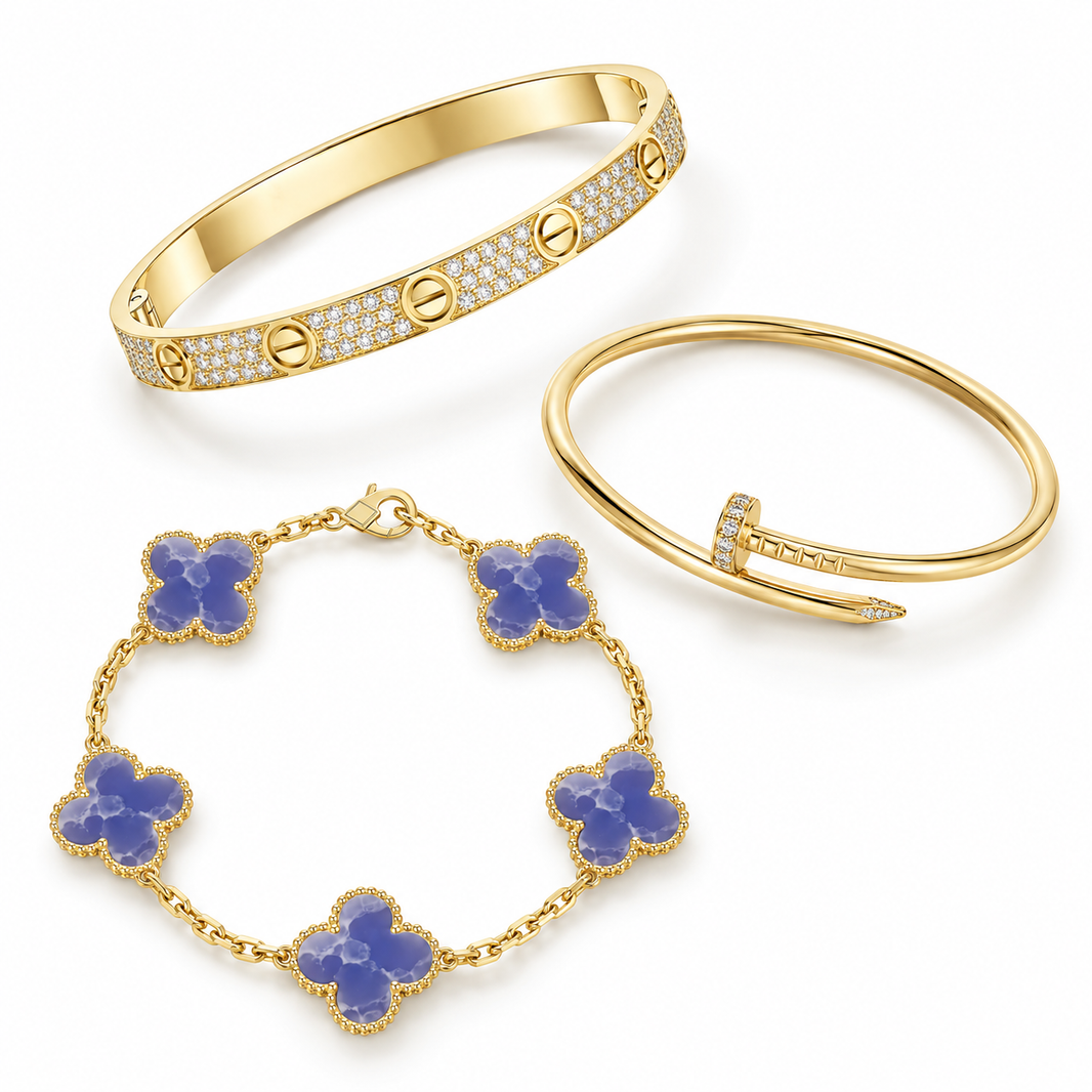 [Camiery] LOVE & JUSTE & Blue Veins Clover 5-Motif Diamond Bracelet Stack Set