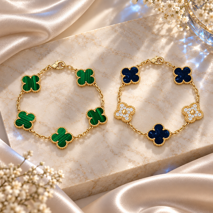 [Camiery]Clover 5-Motif Malachite & Pietersite Bracelet Stack Set