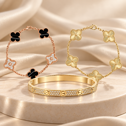 [Camiery]Clover Laser  Pulsar Stone 5-Motif & LOVE Diamond-Paved Bracelet Stack Set