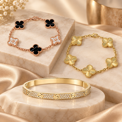 [Camiery]Clover Laser  Pulsar Stone 5-Motif & LOVE Diamond-Paved Bracelet Stack Set