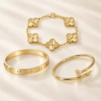 [Camiery] Clover & Love & Juste 3-Piece Gold Bracelet Stack Set