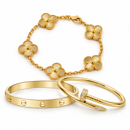 [Camiery] Clover & Love & Juste 3-Piece Gold Bracelet Stack Set