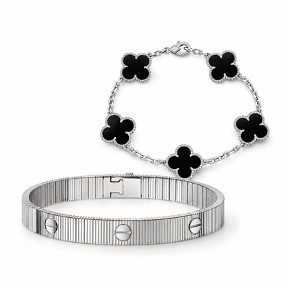 [Camiery]Clover & Love Sliver 2-Piece Bracelet Stack Set