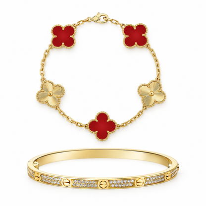 [Camiery]Clover & Love Diamond-Paved Radiant Line 2-Piece Bracelet Stack Set