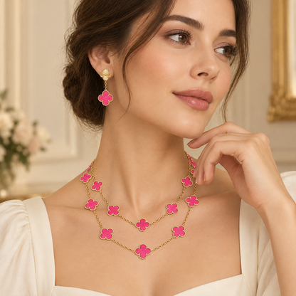 [Camiery]Clover Pink Enamel Necklace & Earring Jewelry Set