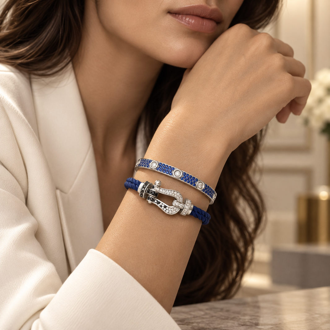 [Camiery]Pave Gemstone Love &Force Large Horseshoe Diamond Duo Bracelet Stack Set