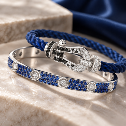 [Camiery]Pave Gemstone Love &Force Large Horseshoe Diamond Duo Bracelet Stack Set