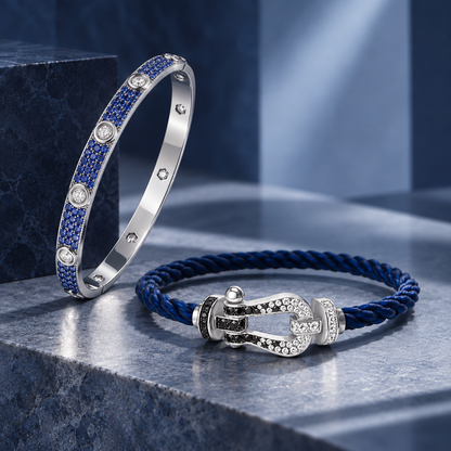[Camiery]Pave Gemstone Love &Force Large Horseshoe Diamond Duo Bracelet Stack Set