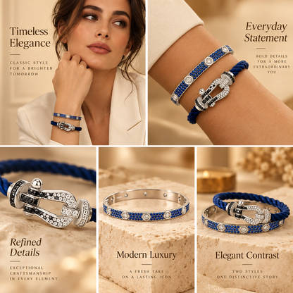 [Camiery]Pave Gemstone Love &Force Large Horseshoe Diamond Duo Bracelet Stack Set
