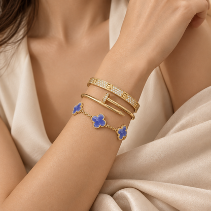 [Camiery] LOVE & JUSTE & Blue Veins Clover 5-Motif Diamond Bracelet Stack Set