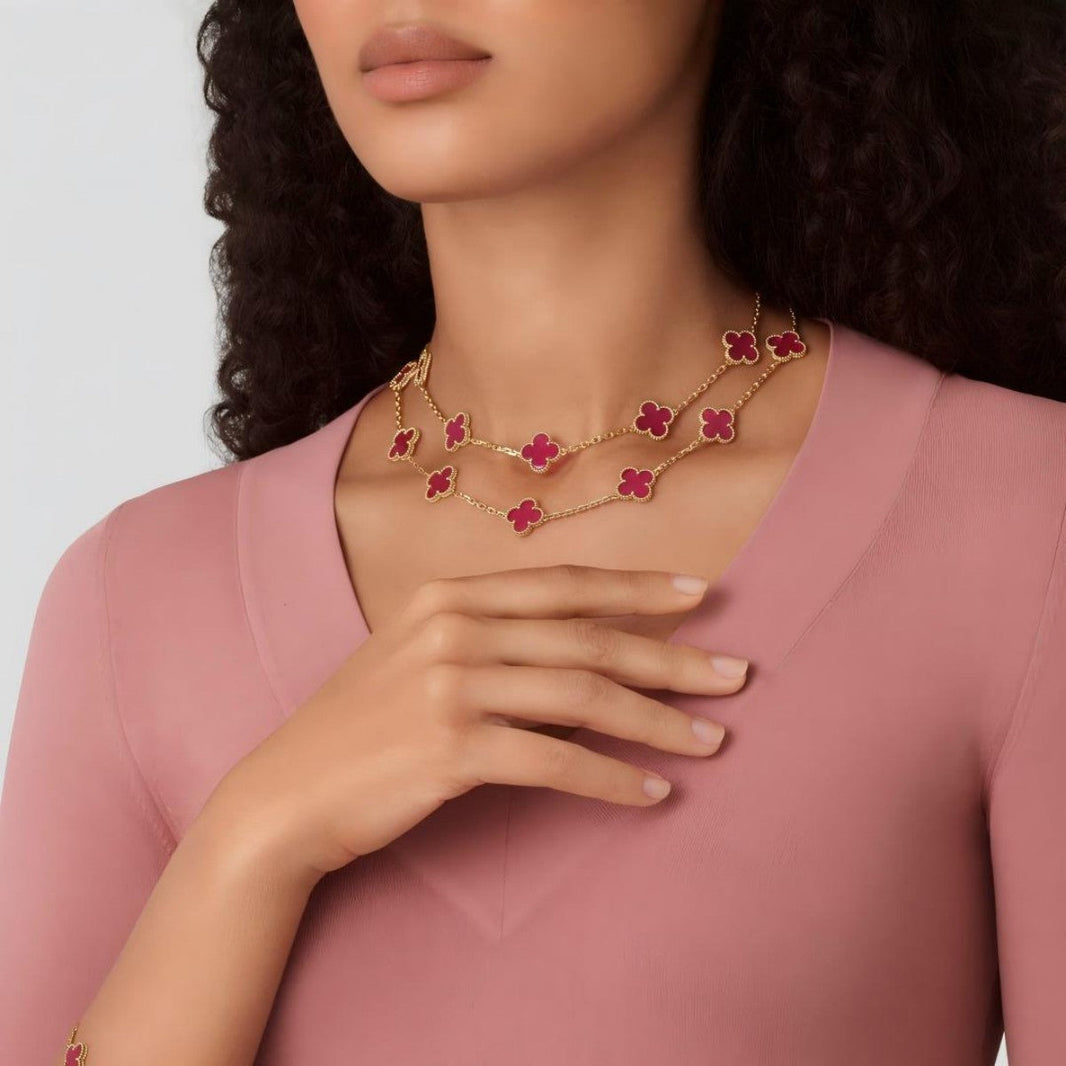 [Camiery]Clover Pink Enamel Necklace & Earring Jewelry Set