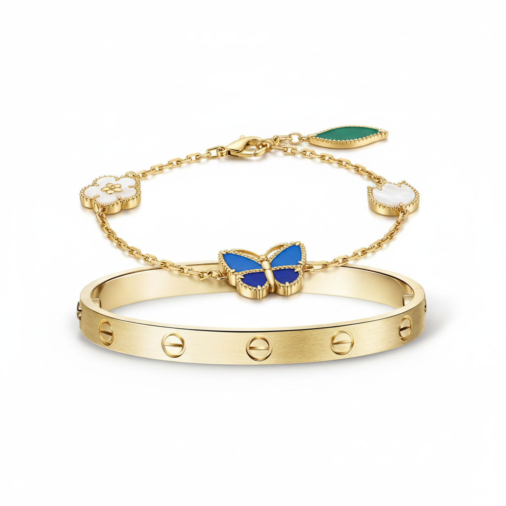 [Camiery] LOVE Brushed & Lucky Spring Butterfly 5-Motif Bracelet Stack Set